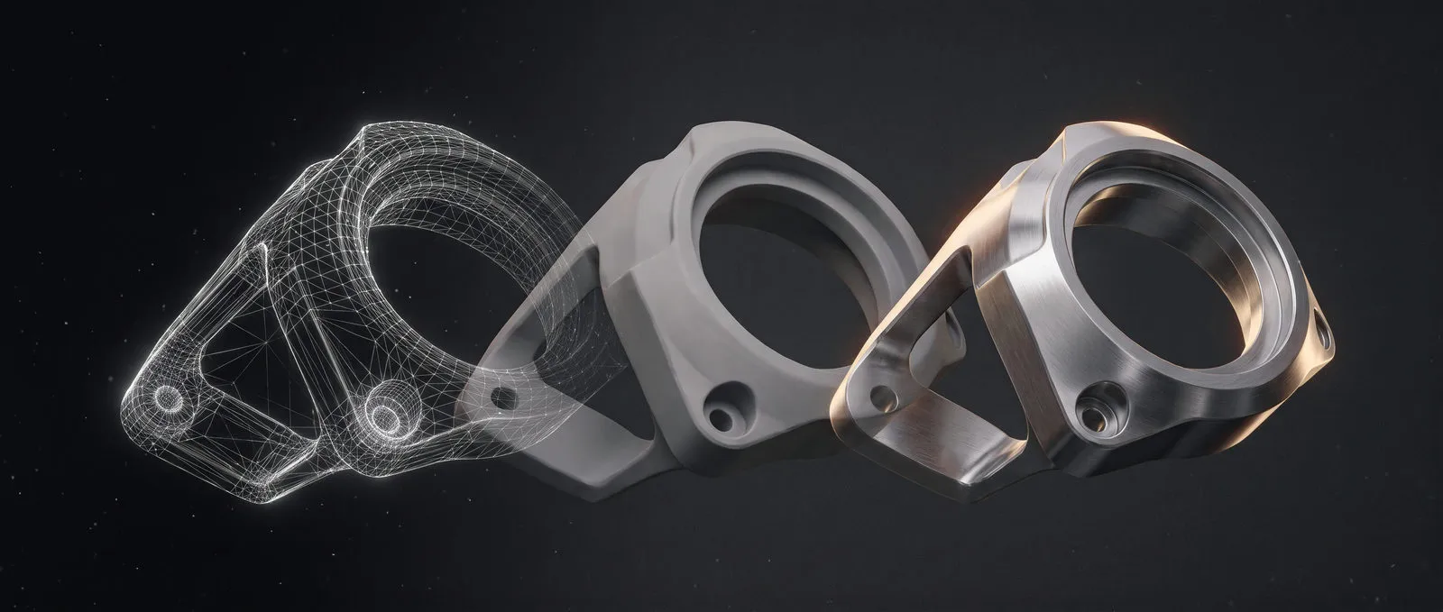 Produkt: dasselbe Objekt als Drahtgitter, mit Material und als fertiges Rendering