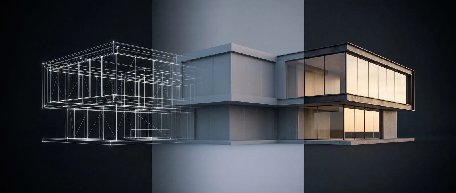 Architektur: dasselbe Objekt als Drahtgitter, mit Material und als fertiges Rendering