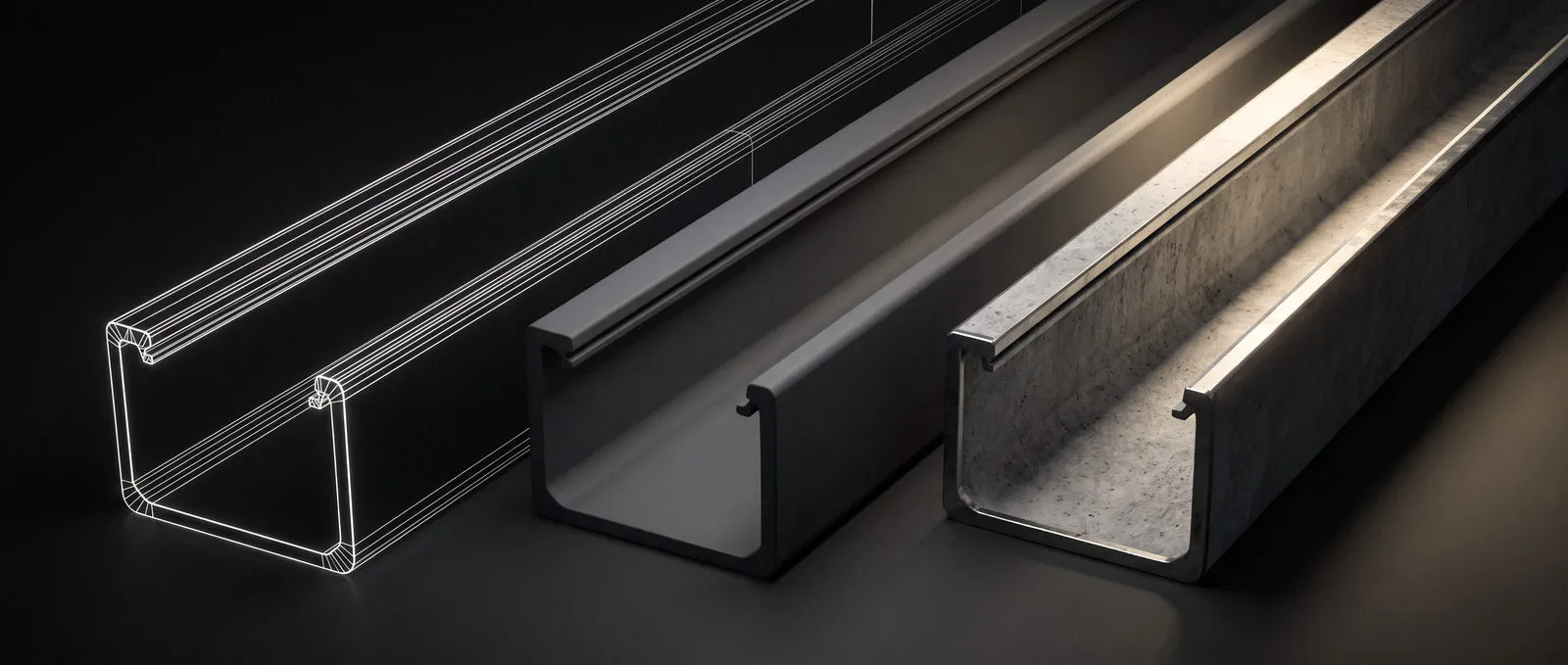 Bauteil im Detail: dasselbe Objekt als Drahtgitter, mit Material und als fertiges Rendering