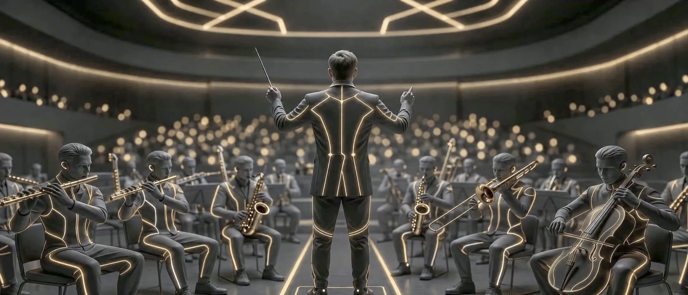 Dirigent vor einem Orchester — Sinnbild für orchestrierte digitale Sichtbarkeit