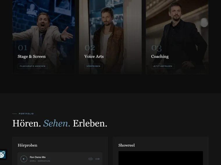 Die drei Arbeitsfelder mit Hörproben und Showreel